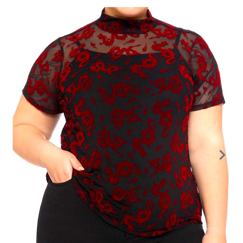 Dragon print mock neck mesh top